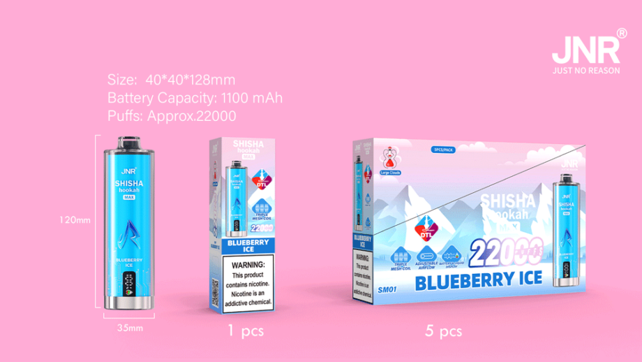 Confezione e display del prodotto JNR Shisha Hookah Max 22000 Blueberry Ice con specifiche ed etichetta di avvertenza sulla nicotina.