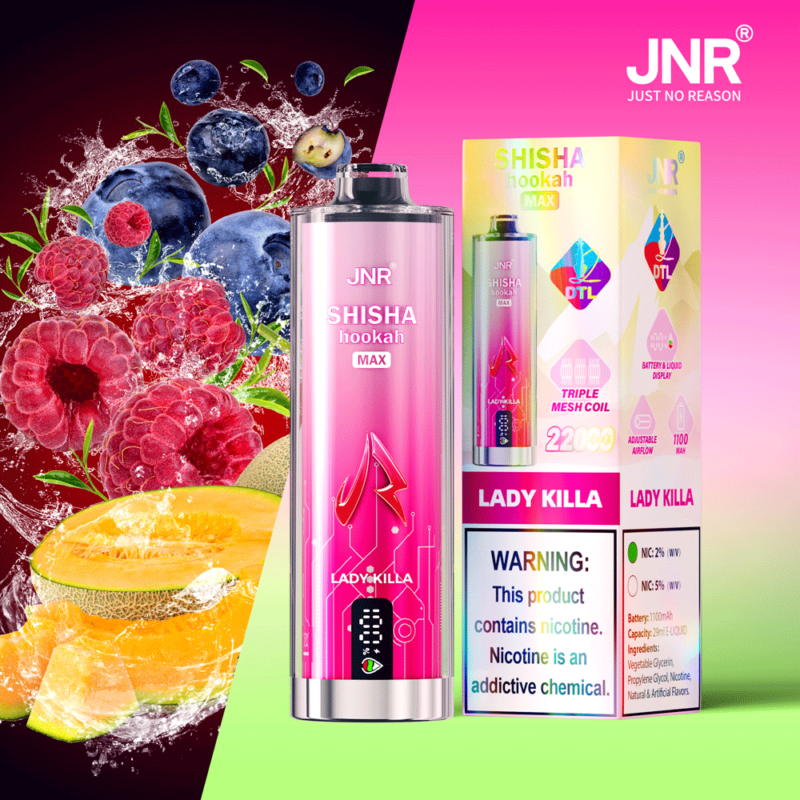 Narghilè Shisha Hookah Max JNR rosa e argento con grafica e confezione di frutta, con aroma Lady Killa e avvertenza sulla nicotina.
