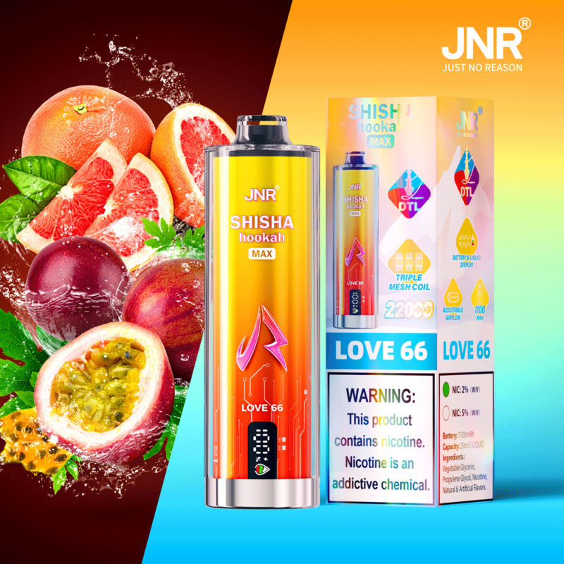 Un colorato prodotto per svapare con la confezione recante l'etichetta "JNR SHISHA hookah MAX LOVE 66", raffigurante immagini di pompelmo e frutto della passione e un'avvertenza sulla nicotina.