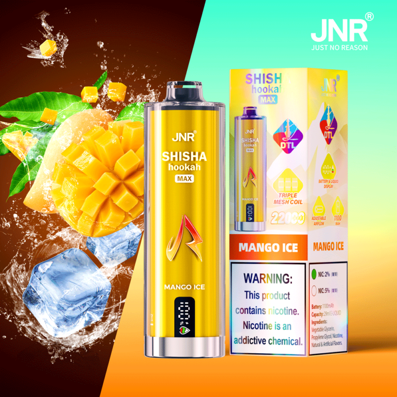 Confezione di narghilè elettronico con l'etichetta "JNR SHISHA Hookah MAX Mango Ice" con un grande mango e cubetti di ghiaccio sullo sfondo.