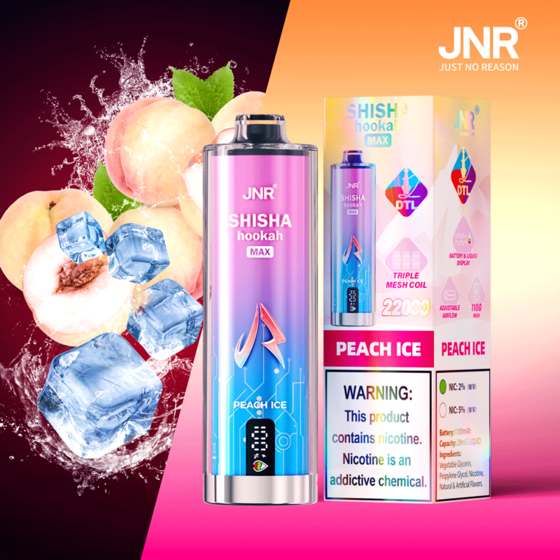 Confezione del JNR SHISHA Hookah Max al gusto di pesca e ghiaccio con sfondo di pesche e cubetti di ghiaccio.