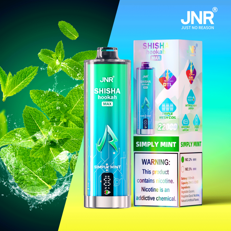 Dispositivo per svapare JNR Shisha Hookah Max Simply Mint con confezione, foglie di menta sullo sfondo.
