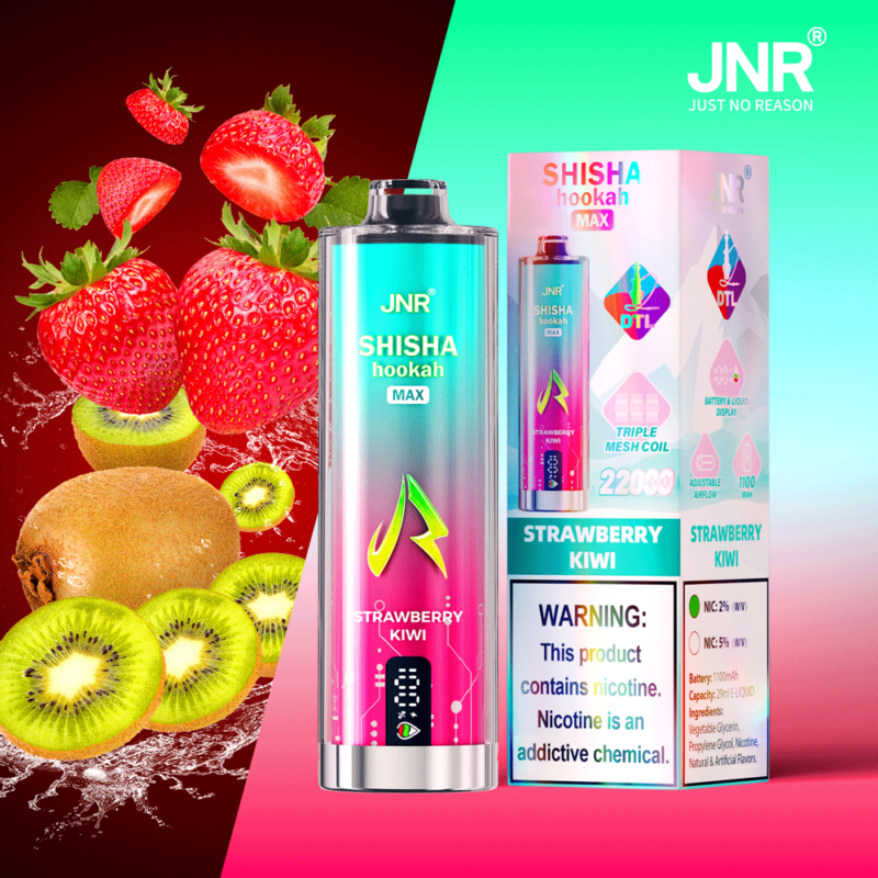 Un vaporizzatore per narghilè al gusto di fragola e kiwi, con confezione recante immagini di fragole e kiwi.