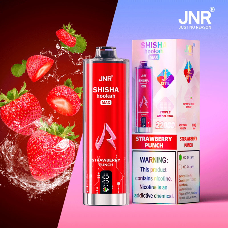JNR Shisha Hookah Max al gusto Strawberry Punch con confezione decorata con spruzzi di fragole.
