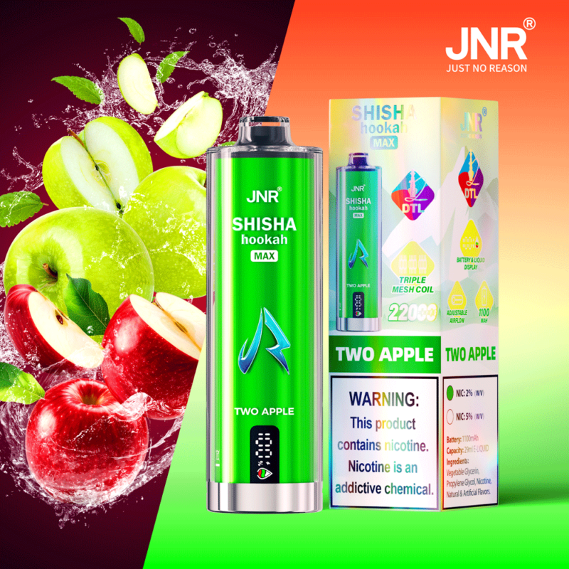 Uno svapo JNR Shisha Hookah Max a tema mela verde e rossa, con confezione recante un'avvertenza sulla nicotina.
