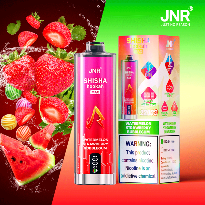 Confezione per JNR Shisha Hookah Max aromatizzata all'anguria, alla fragola e al chewing gum, caratterizzata da una grafica audace, immagini di frutta e un'avvertenza sulla nicotina.