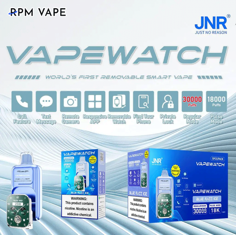 Werbebild für die JNR VapeWatch 30K, ein abnehmbares intelligentes Vape-Gerät von JNR, das Funktionen wie Anruf, Text, Kamera, App und Telefonfinder hervorhebt, mit Optionen für 30.000 und 18.000 Züge im Normal- und Pulsmodus.