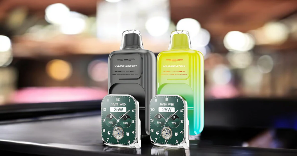 Deux appareils électroniques de marque « VAPEWATCH » dotés d'interfaces de type montre affichant des réglages de puissance de 25 W, placés sur un arrière-plan flou.