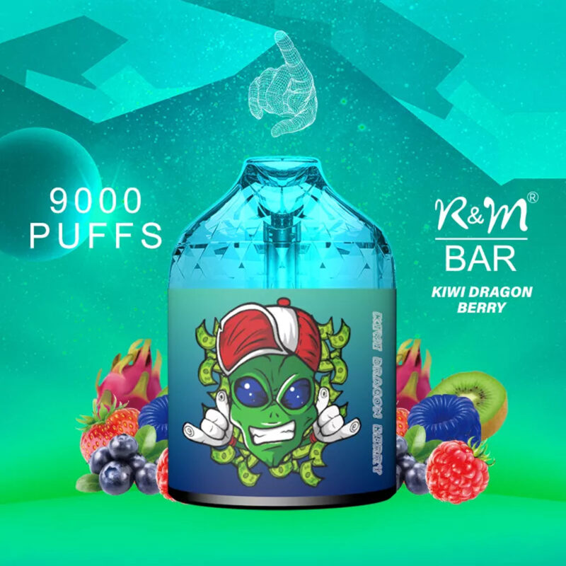 A digital promotional image of the R&M Bar disposable vape device in Kiwi Dragon Berry flavor, featuring an alien graphic on the product, along with colorful fruits such as dragon fruit, kiwi, blueberries, strawberries, and raspberries in the background, and text highlighting '9000 Puffs.'