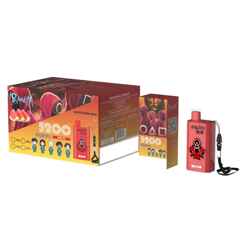 Diseño de empaque para un dispositivo de vapeo desechable llamado "Squid Box", con 5200 bocanadas y una temática inspirada en la serie Squid Game, con imágenes de sandía y personajes vestidos con guardias rojos y uniformes de jugador azules.