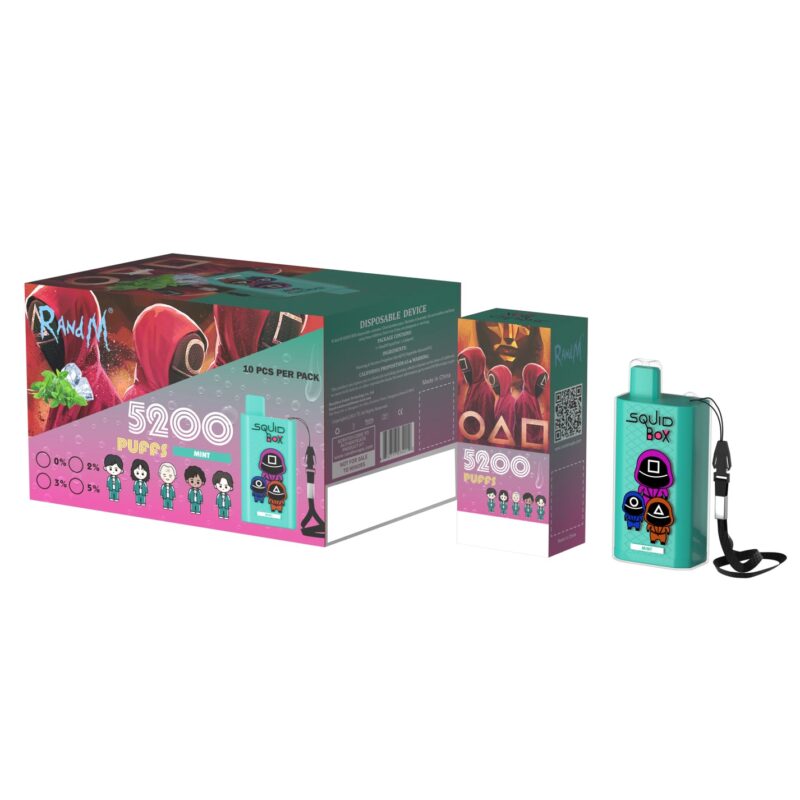 Un set de empaque de producto que incluye el dispositivo desechable “Squid Box RANAAH” con 5200 bocanadas en sabor a menta, decorado con símbolos y gráficos vibrantes.