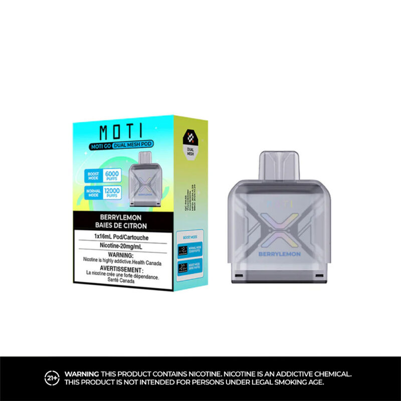Neben der Verpackung, die ein farbenfrohes Design aufweist, wird ein Vape-Pod mit transparentem Design angezeigt. Auf der Schachtel ist der Geschmack „Berrylemon“ angegeben, der Nikotingehalt liegt bei 20 mg/ml, und die Verwendungsweise und die Anzahl der Züge sind beschrieben. Ein Warnhinweis zur Nikotinsucht ist ebenfalls vorhanden.