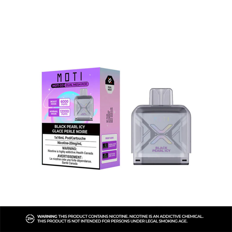 Ein verpackter Nikotin-Vape-Pod mit der Aufschrift „MOTI CO DUAL MESH POD“, einem transparenten Pod mit Farbverlauf und dem Geschmack „BLACK PEARL ICY“. Auf der Verpackung sind Informationen über die Anzahl der Züge, den Nikotingehalt und ein Gesundheitshinweis zur Nikotinsucht zu finden.
