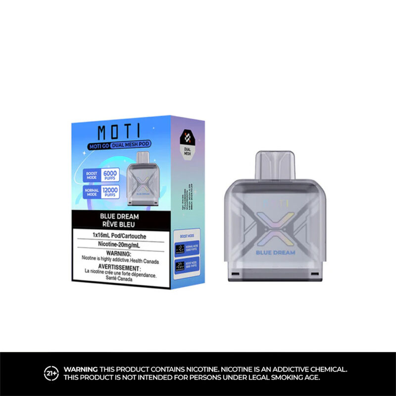 Eine Vape-Pod-Kartusche mit der Aufschrift „MOTI BLUE DREAM“ und einer Verpackung mit blau-weißem Markenzeichen, auf der Informationen zum Nikotingehalt und Warnhinweise zur Verwendung angezeigt werden.
