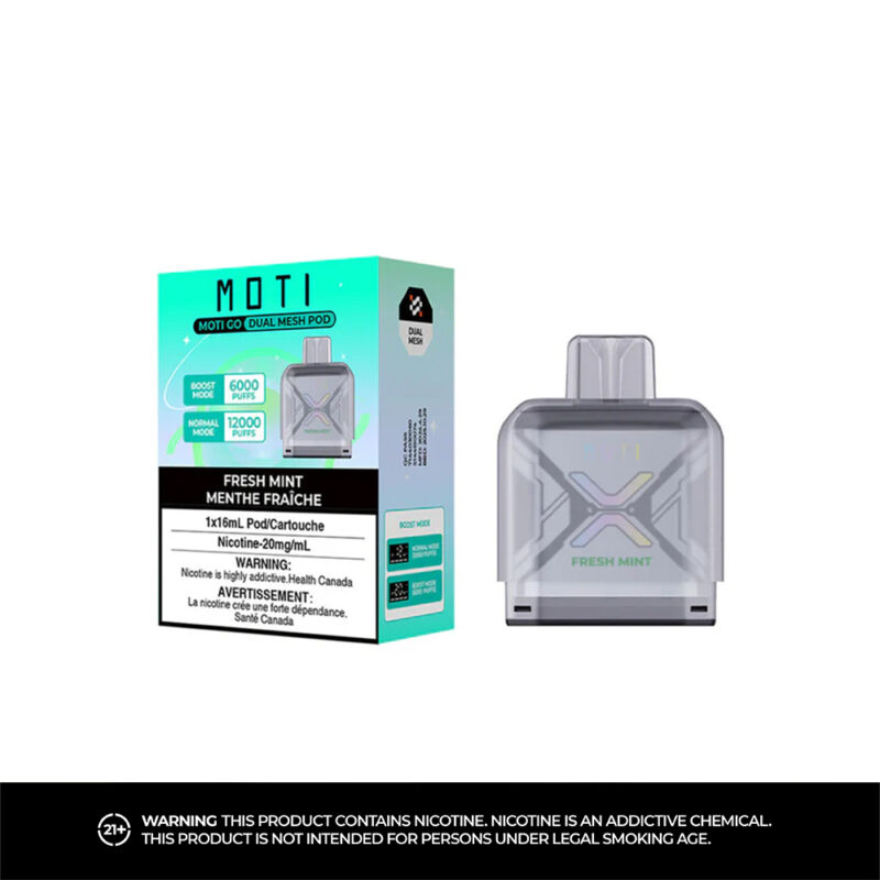 Verpackung eines MOTI Dual Mesh Pods zum Dampfen mit Minzgeschmack und Informationen zum Nikotingehalt, Anzahl der Züge und Gesundheitswarnungen. Der Pod ist gut sichtbar neben seiner farbenfrohen Kartonverpackung platziert.