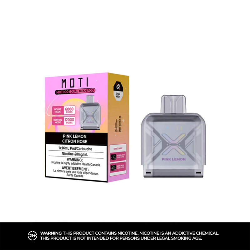 Ein Vaping-Pod mit der Aufschrift „MOTI Go Pro 12000 Pod DUAL MESH POD“ und der Geschmacksrichtung „PINK LEMON CITRON ROSE“ sowie Angaben dazu, dass er im Boost-Modus bis zu 6000 Züge und im Normalmodus bis zu 12000 Züge ermöglicht und eine Nikotinkonzentration von 20 mg/ml enthält. Die Verpackung weist ein Farbverlaufsdesign auf und enthält eine Warnung vor Nikotinsucht.