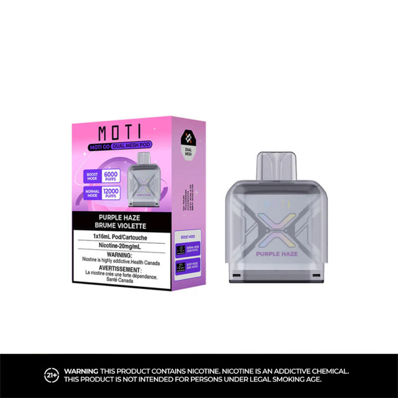 Eine Vape-Pod-Kartusche mit der Aufschrift „Purple Haze“ in einer bunten Schachtel mit Angaben zum Nikotingehalt (20 mg/ml) und der Anzahl der verfügbaren Züge (6000 Züge im Boost-Modus, 12000 Züge im Normalmodus). Die Schachtel enthält eine Warnung vor Nikotinsucht.