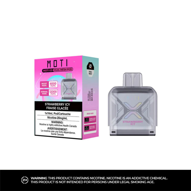Ein Vape-Pod mit einem transparenten Gehäuse und der Aufschrift „STRAWBERRY ICY“ neben der bunten Verpackung, die Warnhinweise zum Nikotin und Anwendungsinformationen enthält.