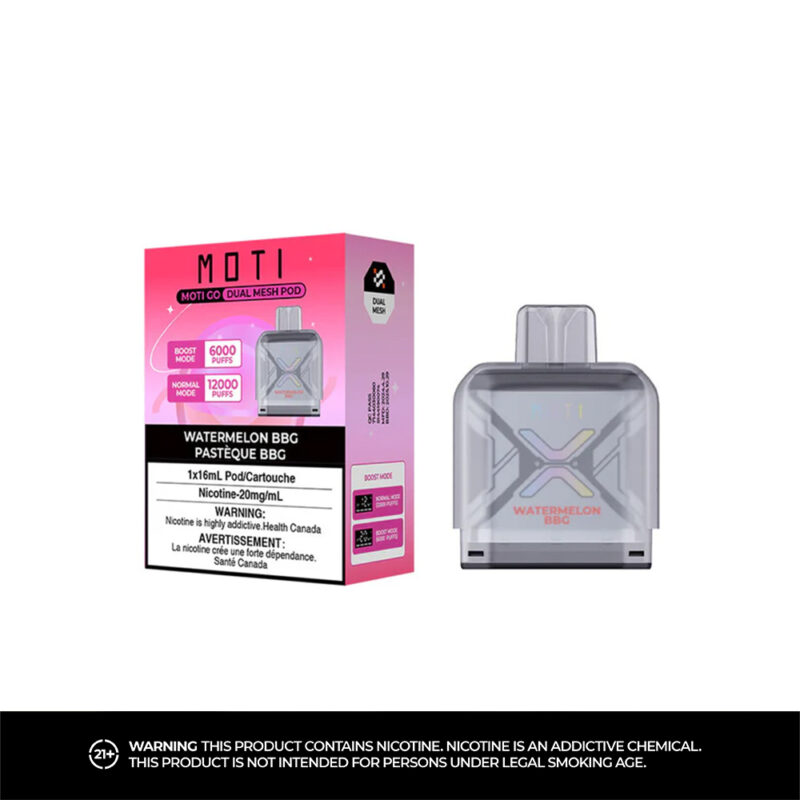 Ein transparenter Vape-Pod mit der Aufschrift „Watermelon BBG“ neben seiner rosa Verpackung, die Informationen zum Nikotingehalt und Warnhinweise enthält.