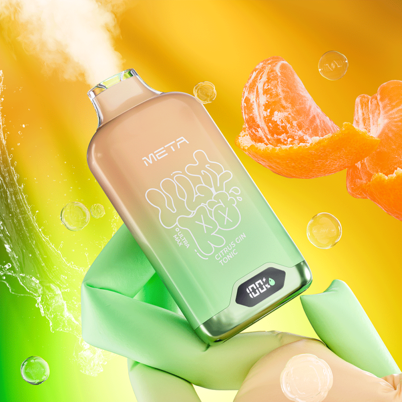 Un elegante dispositivo de vapeo con temática cítrica denominado "META Ultra Max Citrus Gin Tonic" con vibrantes detalles en naranja y verde, rodeado de rodajas de cítricos, burbujas y un indicador de carga 100% brillante.