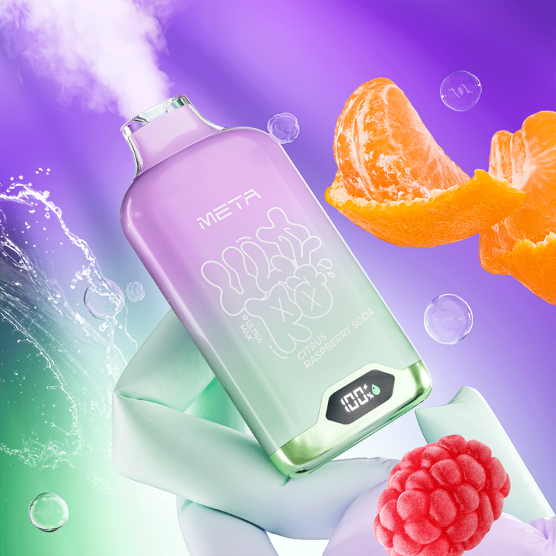 Un dispositivo de vapeo colorido etiquetado como "META" con un diseño degradado de color púrpura y verde, que emite vapor, rodeado de rodajas de cítricos, frambuesas y burbujas de agua con gas.