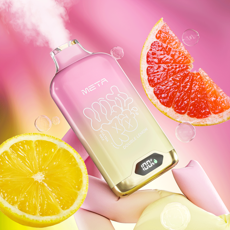 Un dispositivo de vapeo con degradado rosa y amarillo etiquetado como "META" con sabor a "Double Lemon", rodeado de rodajas de limón y pomelo y burbujas flotantes sobre un fondo rosa.