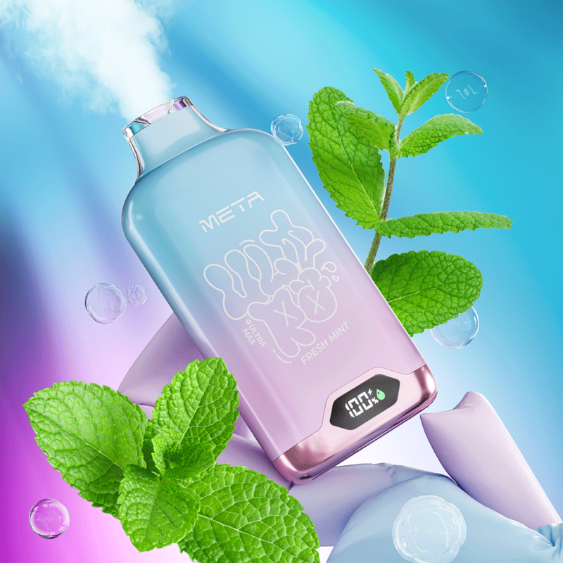 Un dispositivo de vapeo de color pastel etiquetado como "META Fresh Mint" que emite vapor, rodeado de hojas de menta fresca e imágenes refrescantes.