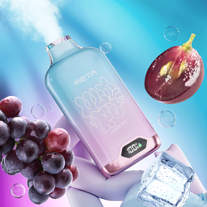 Un elegante dispositivo de vapeo etiquetado como "META" con sabor a "GRAPE ICE", rodeado de uvas, cubitos de hielo y vapor, sobre un fondo degradado de colores.