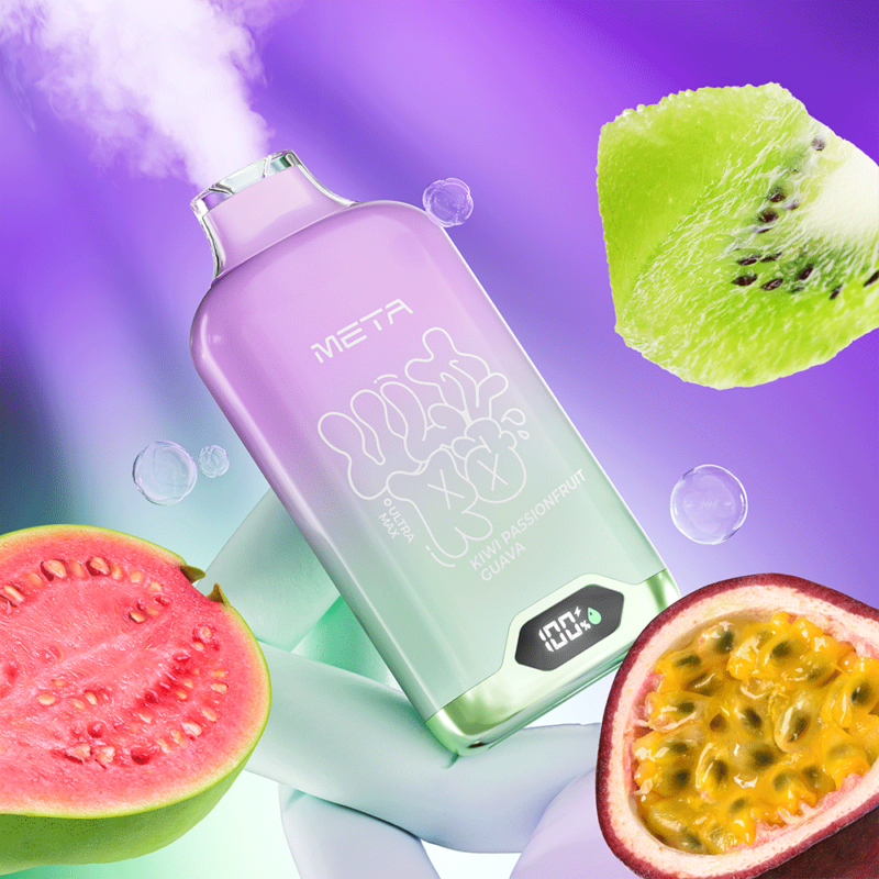 Un dispositivo de vapeo colorido etiquetado "META" con una pantalla digital, rodeado de kiwi, maracuyá y guayaba, que emite vapor sobre un fondo morado vibrante.