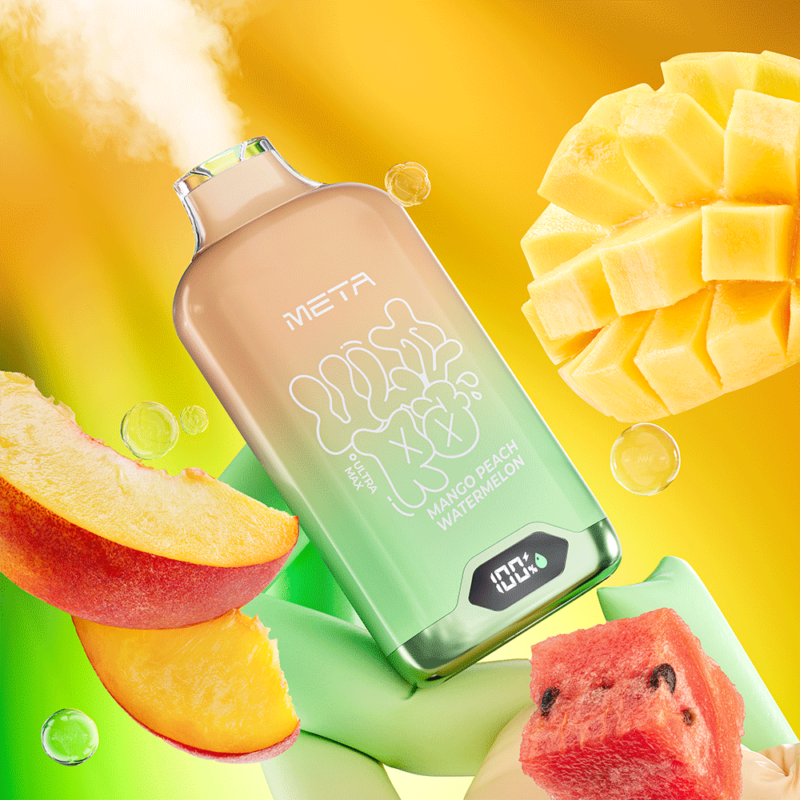 Un dispositivo de vapeo colorido etiquetado "META" con sabor a "Mango, melocotón y sandía", rodeado de rodajas de mango, melocotón y sandía sobre un fondo vibrante.