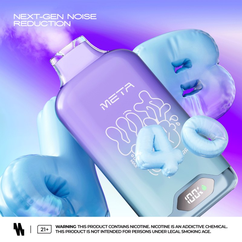 Un dispositivo de vapeo de color violeta con la etiqueta "META" y pantalla digital, rodeado por un texto inflable de color azul "40" y un fondo violeta-azul suave.