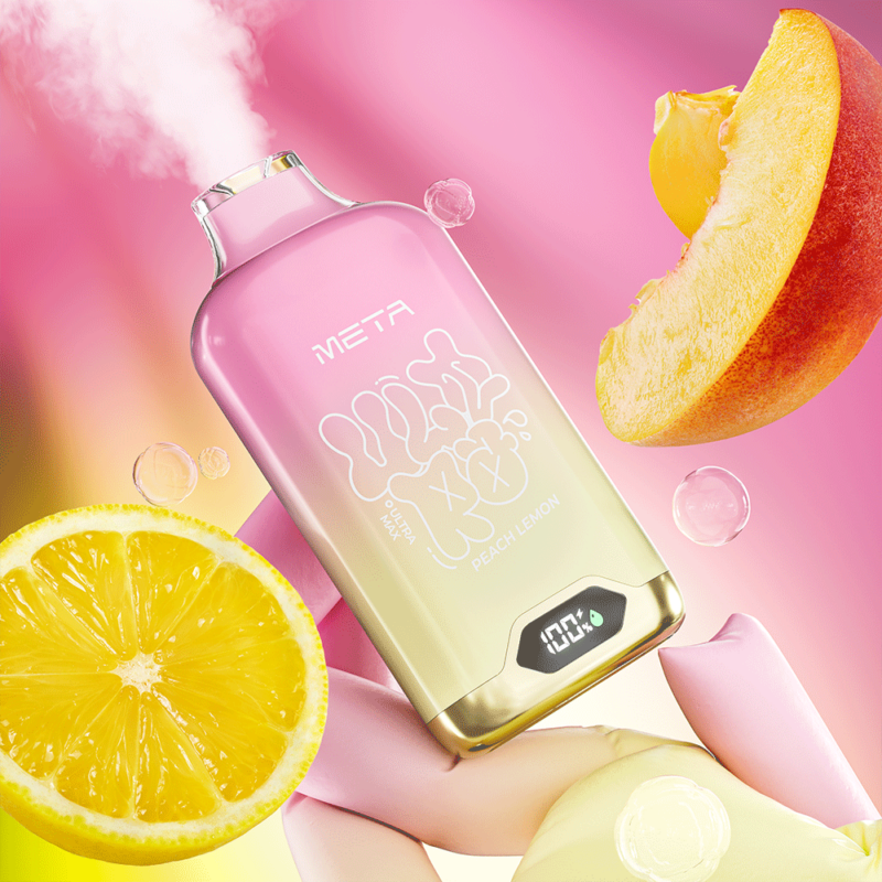 Un dispositivo de vapeo rosa y amarillo etiquetado "META" con una pantalla digital, rodeado de rodajas de durazno y limón sobre un fondo rosa vibrante.