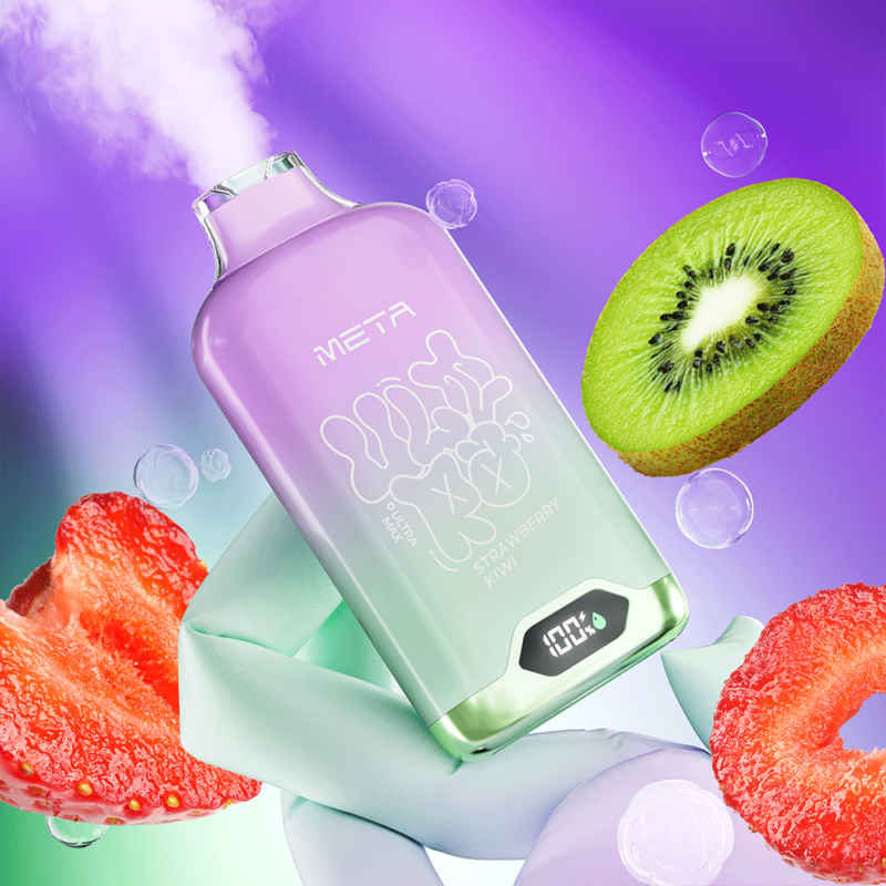 Un dispositivo de vapeo vibrante etiquetado como "META" con sabor a "fresa y kiwi", que emite vapor, rodeado de rodajas de fresas, kiwi y burbujas abstractas sobre un fondo colorido de color púrpura y verde.