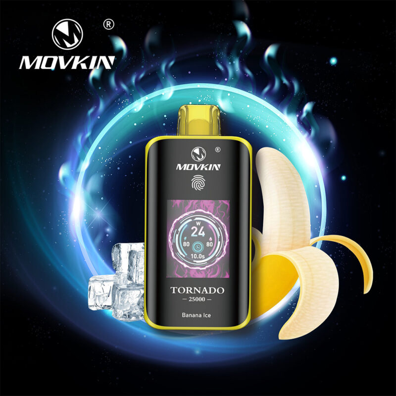 A Movkin Tornado 25000 vape device in a "Banana Ice" flavor, featuring a digital display, surrounded by ice cubes and a peeled banana, set against a glowing blue and black background.