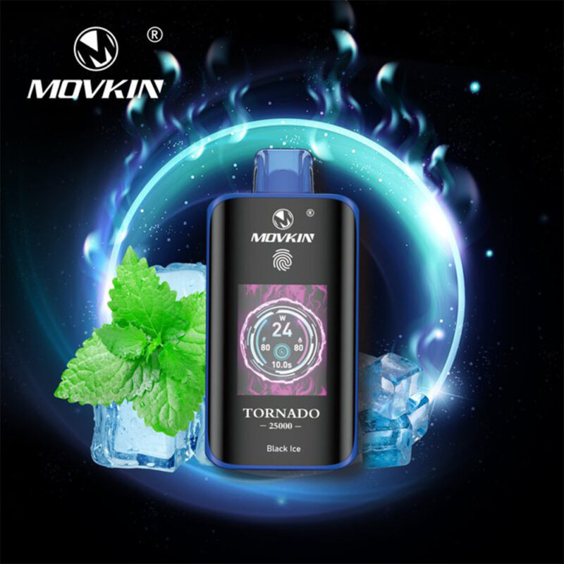 A Movkin Tornado 25000 Black Ice vaping device with a digital display, surrounded by mint leaves and ice cubes, set against a glowing blue and black background.