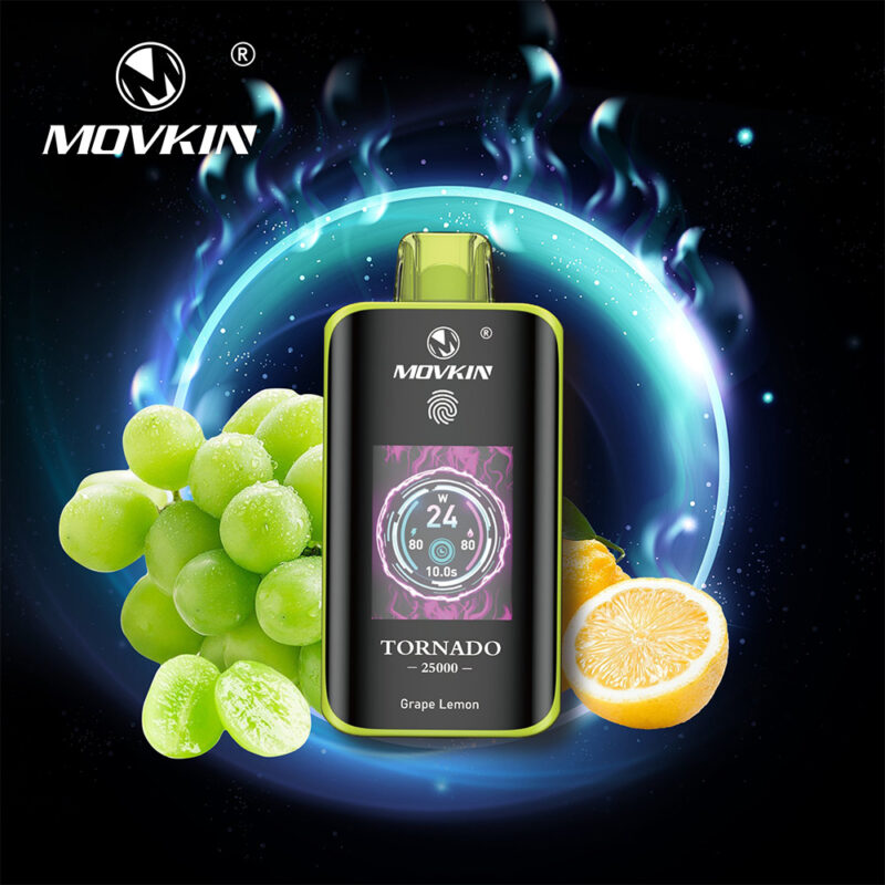 A Movkin Tornado vaping device with a digital display, surrounded by green grapes and a sliced lemon, with a glowing blue background.