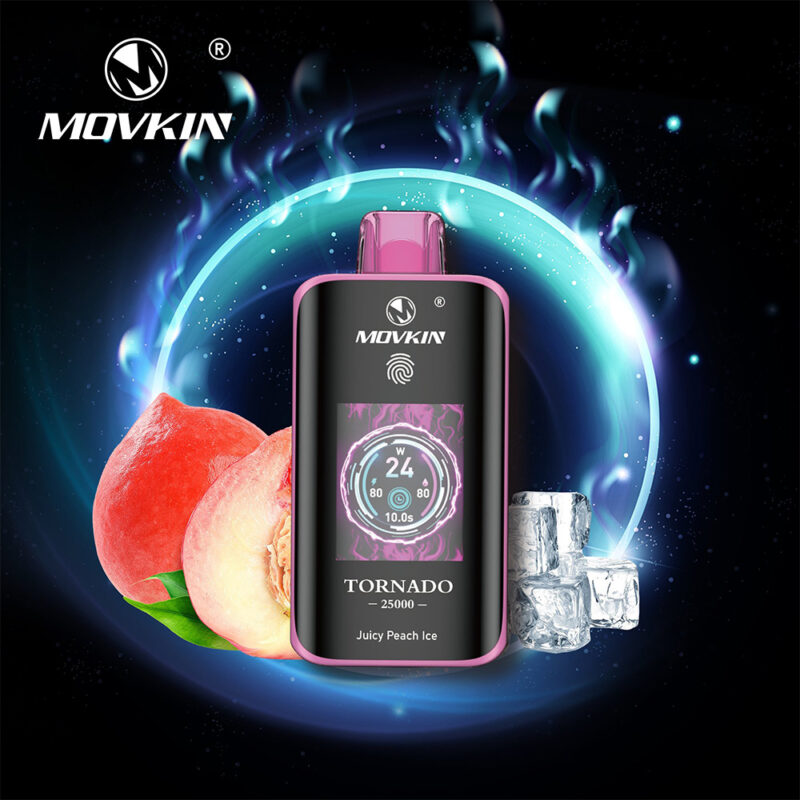 A Movkin Tornado 25000 vape device with a digital display, surrounded by images of juicy peach slices, ice cubes, and a glowing blue energy ring.