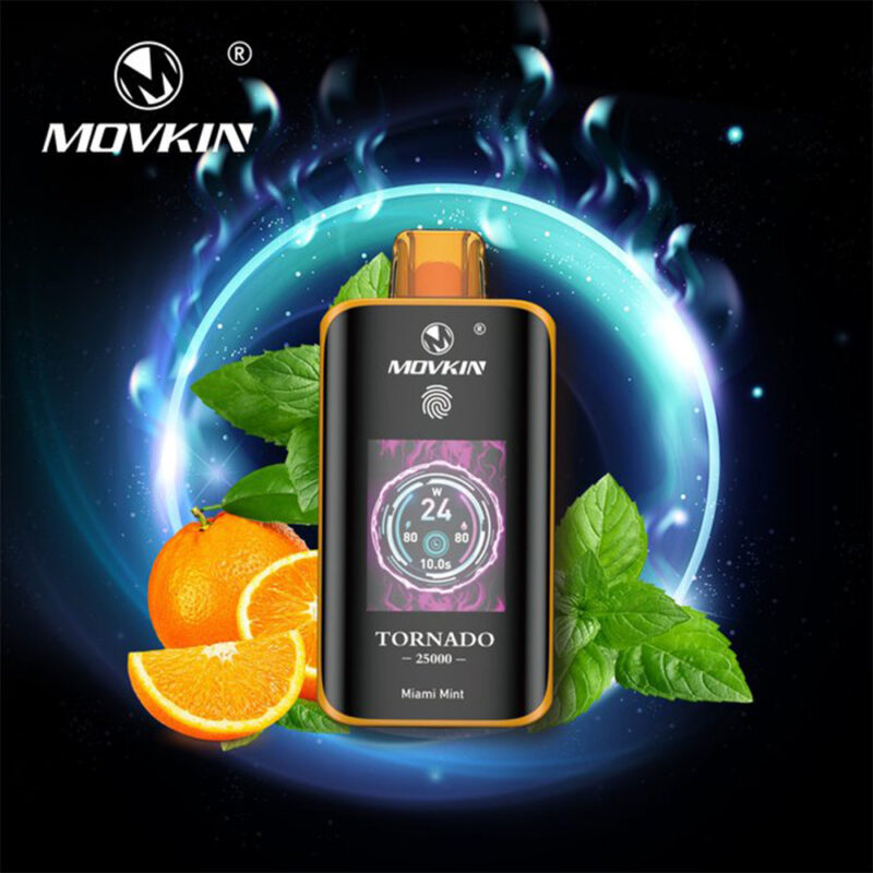 A Movkin Tornado 25000 vape device with a colorful display and Miami Mint flavor, surrounded by mint leaves and orange slices, set against a glowing cosmic background.
