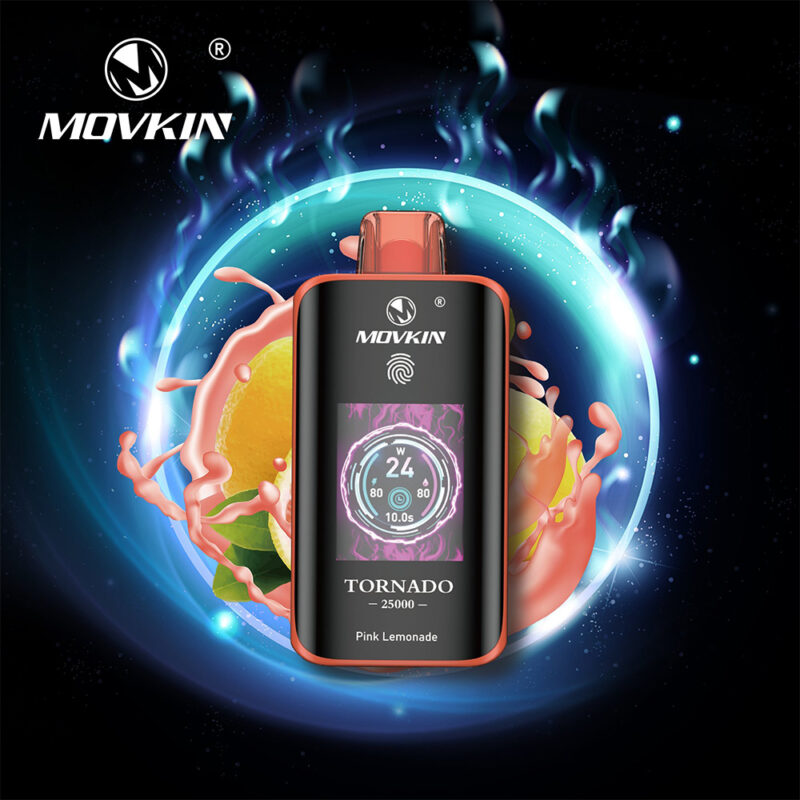 A Movkin Tornado vape device with a digital display showing settings, surrounded by a glowing blue energy ring and splashes of pink lemonade and citrus fruit.