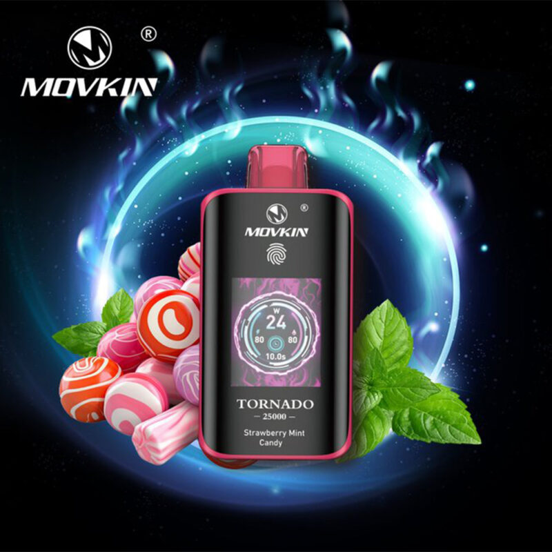 A Movkin Tornado 25000 vape device in black and pink, displayed with vibrant strawberry mint candies and mint leaves against a glowing cosmic background.