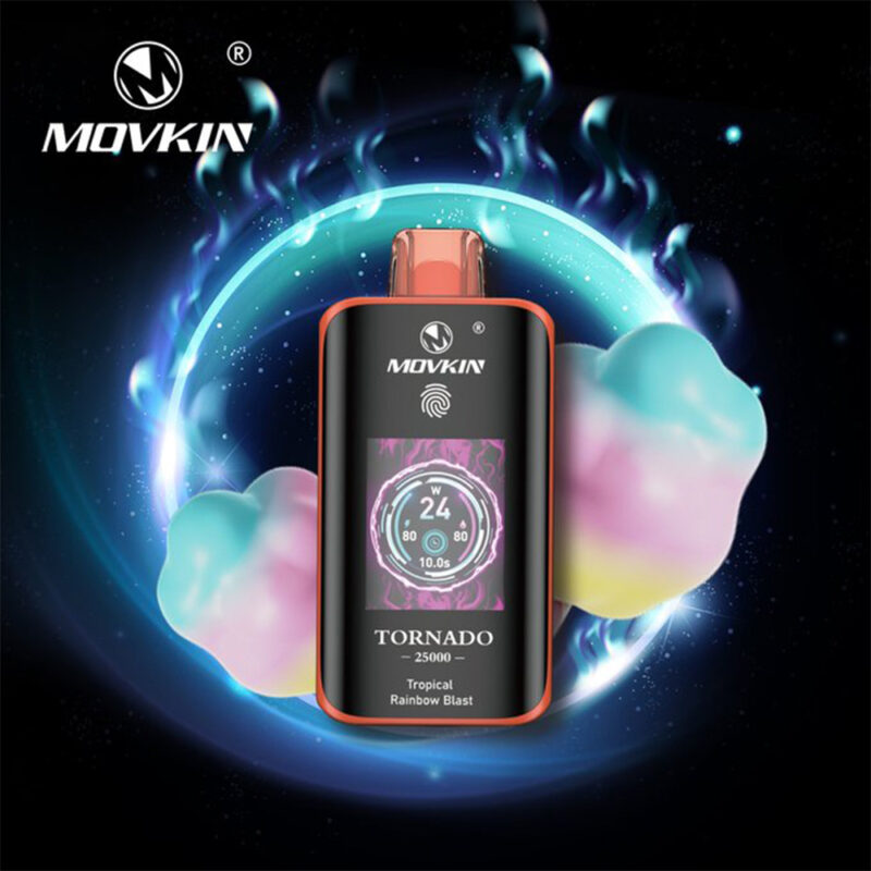 A sleek Movkin Tornado vaping device with a glowing digital display, surrounded by colorful vapor clouds and a luminous cosmic background.