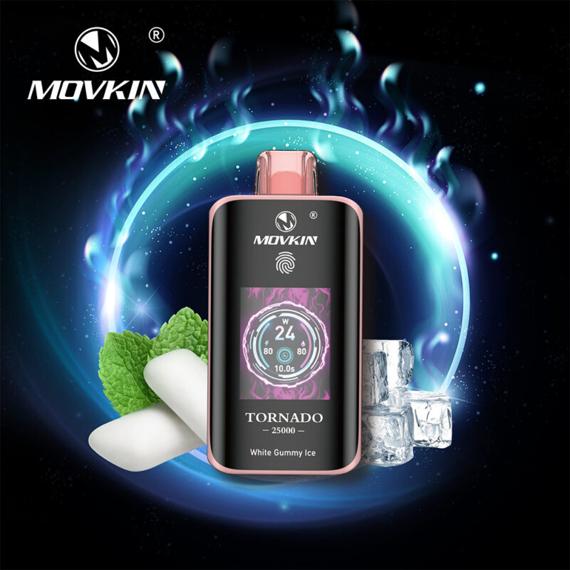 A Movkin Tornado 25000 vape device with a black and rose gold design, displaying a digital screen, surrounded by mint leaves, white gummy candy, and ice cubes, with a glowing blue energy swirl in the background.