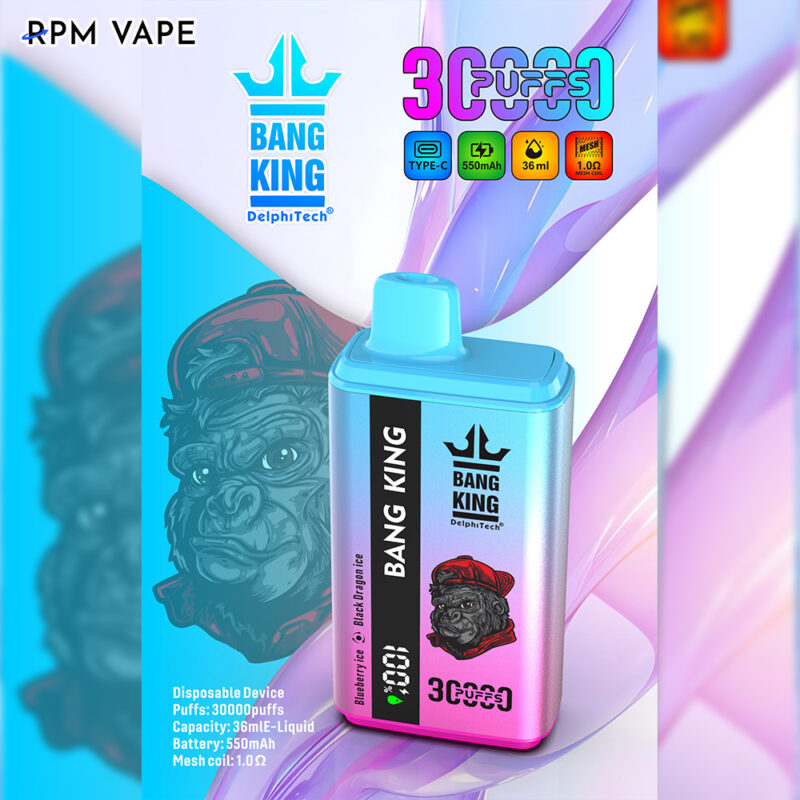 Un dispositivo de vapeo desechable colorido con un gráfico de gorila, etiquetado como "Bang King" y con especificaciones como 30.000 bocanadas, capacidad de 36 ml, batería de 550 mAh y resistencia de malla. El sabor es "Blueberry & Blackgrape Ice".