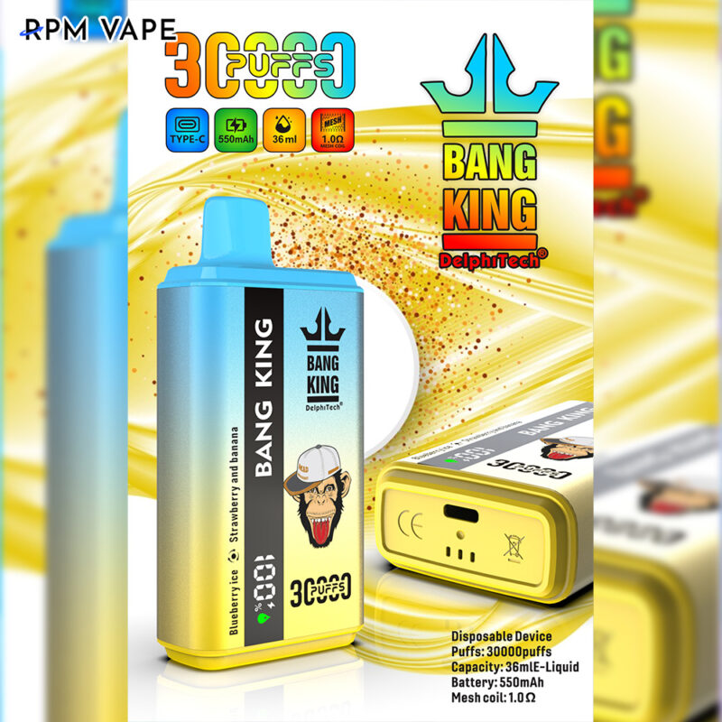 Dispositivo de vapeo con un diseño colorido, que presenta el logotipo "Bang King", una ilustración de un mono y detalles como "30000 Puffs", "36ml" y "550mAh" en el cuerpo.