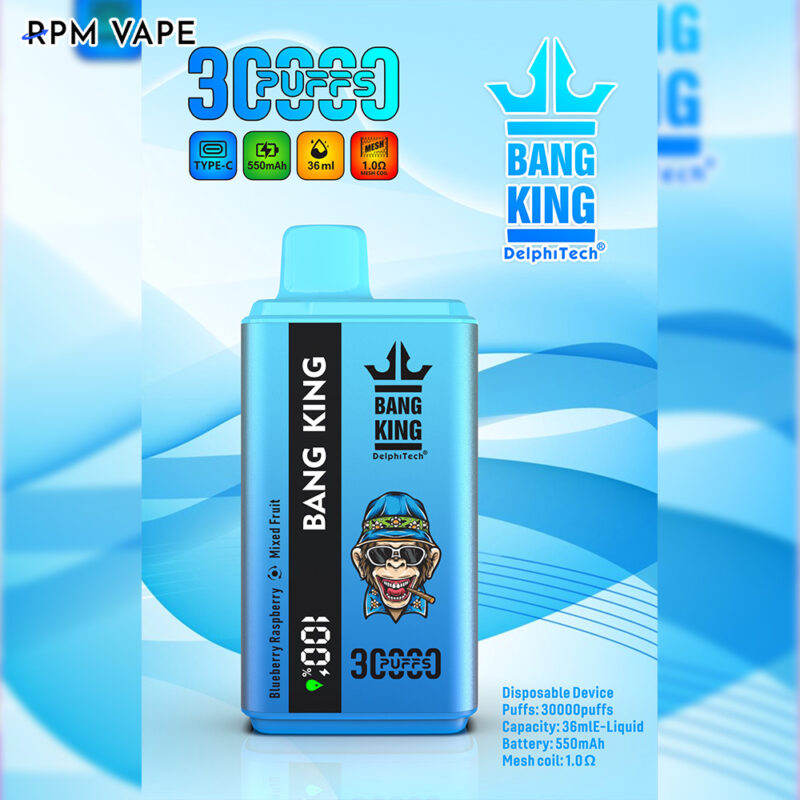 Dispositivo de vapeo desechable de color azul con la marca "Bang King" y un personaje de dibujos animados, etiquetado con detalles del producto que incluyen "30000 bocanadas", sabor "fruta mixta de arándanos y frambuesas" y especificaciones como "batería de 550 mAh" y "capacidad de 36 ml".