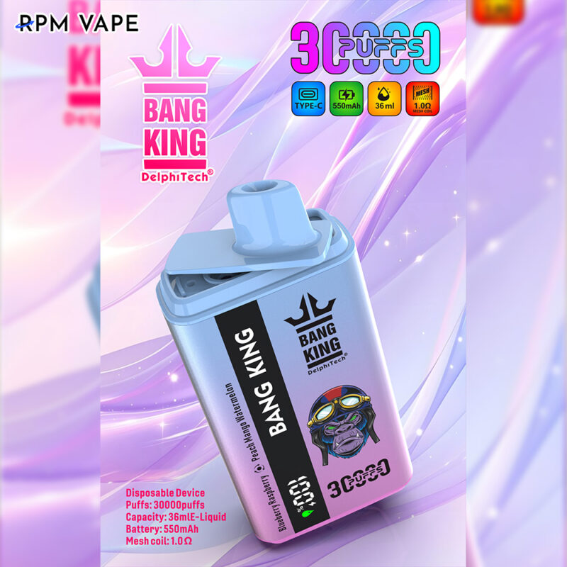 Dispositivo de vapeo desechable Bang King en color azul claro con un gráfico de gorila, con marca, información del producto y especificaciones.