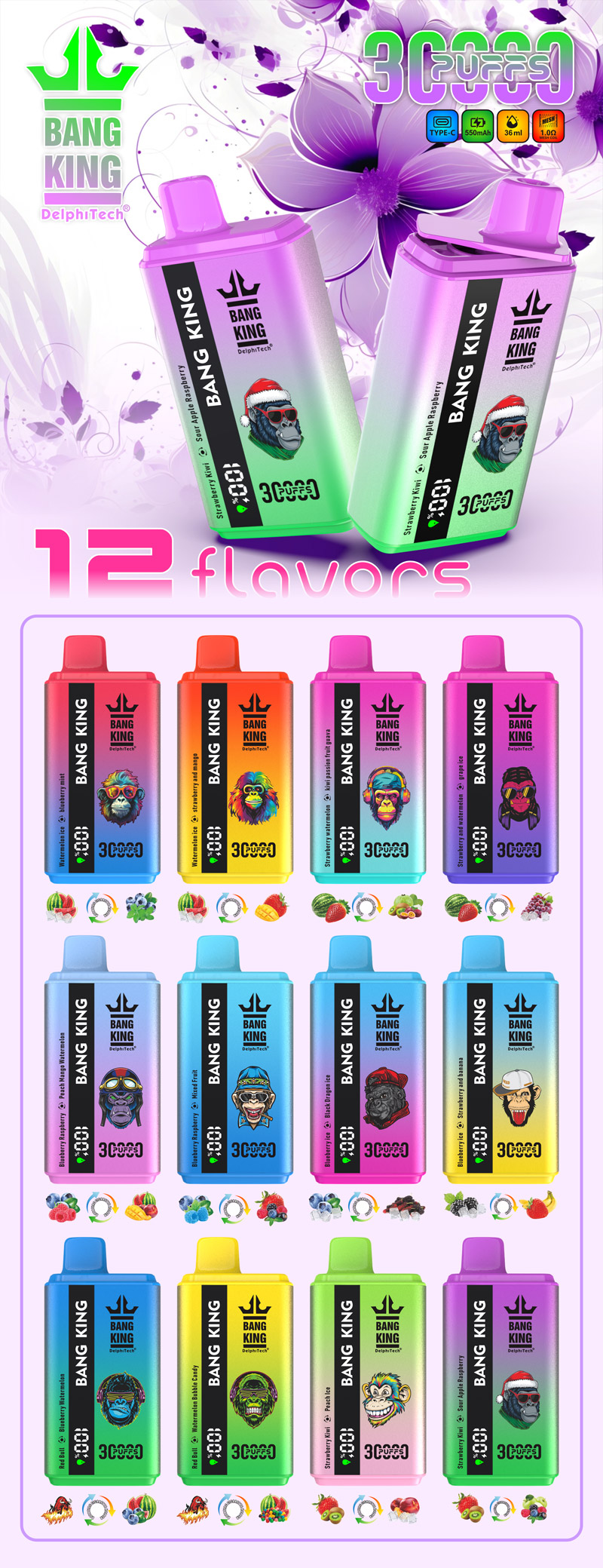 Una exhibición colorida de vaporizadores Bang King con varios sabores, con la marca, ilustraciones de monos e íconos de frutas, mostrando 12 opciones de sabores diferentes y la etiqueta "30000 bocanadas".