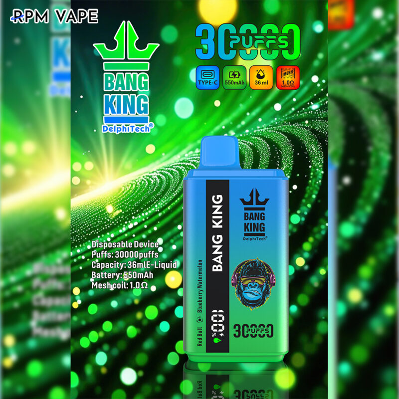 Dispositivo de vapeo desechable con un diseño azul y verde, de la marca "Bang King DelphiTech", con especificaciones que incluyen 30.000 bocanadas, capacidad de 36 ml de e-líquido, batería de 550 mAh y bobina de malla de 1,0 Ω, mostrado sobre un fondo verde vibrante, brillante y futurista.