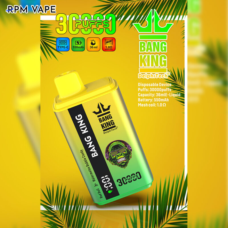 Un dispositivo de vapeo desechable amarillo con la marca "BANG KING", que presenta un gráfico de un gorila con auriculares y detalles de texto sobre su capacidad, bocanadas y bobina de malla.
