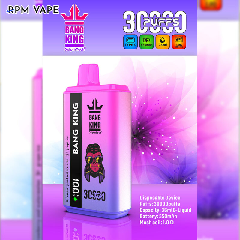 Dispositivo de vapeo desechable de color rosa y blanco con la marca "BANG KING" y un diseño gráfico que muestra detalles sobre sus 30.000 caladas, capacidad de 36 ml y batería de 550 mAh. El sabor es fresa y sandía.